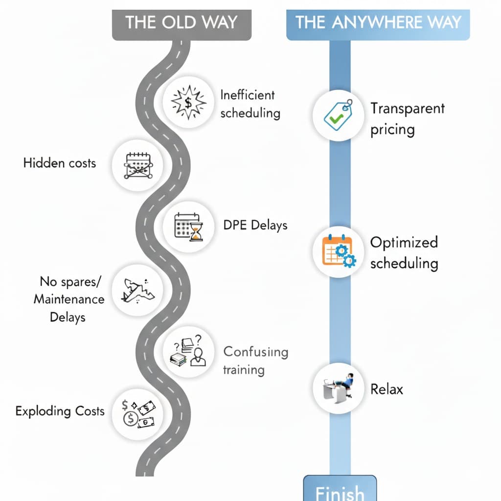 The Old Way vs The Anywhere Way - comparison showing how Anywhere ATP provides transparent pricing, optimized scheduling, and a smoother path to your aviation goals